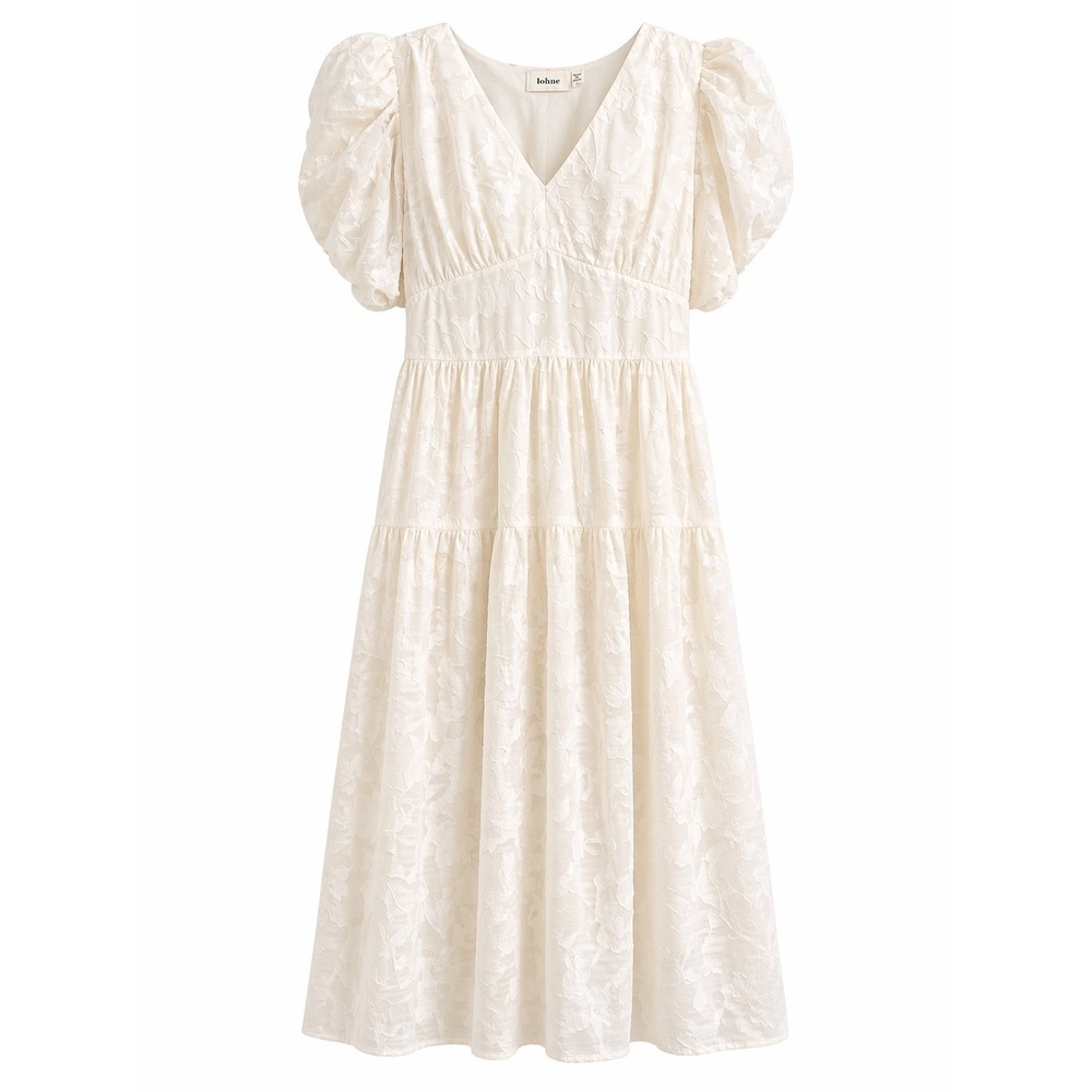 Böhme Bethany Maxi Dress Cream Floral Smocked Back Small Puff Sleeve